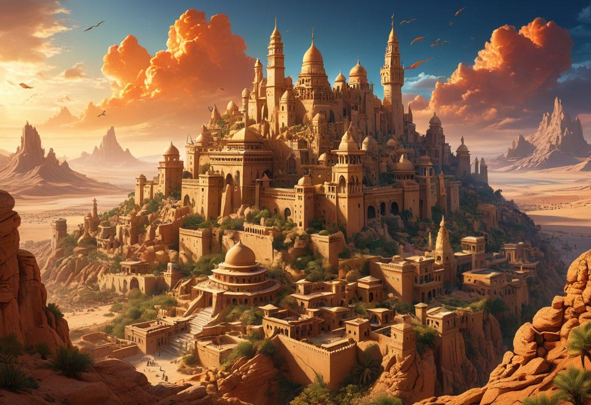 An ancient, sprawling city with towering, ornate buildings, inhabited by enigmatic characters wielding magical powers. Dragons and fantastical creatures flying in the sky amidst epic battles, with a rich tapestry of mystical landscapes blending deserts, forests, and oceans. Overarching theme of mystery and grand adventure. super-realistic. vibrant colors. 3D.