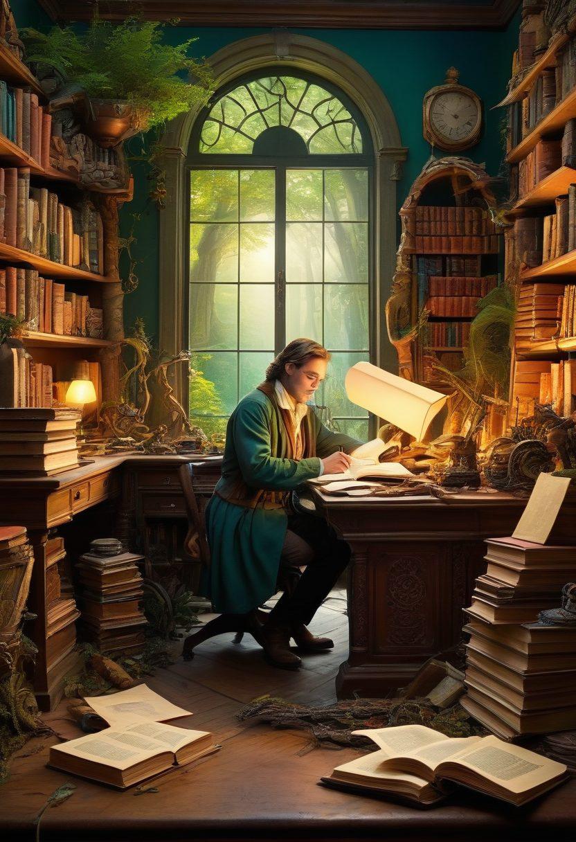 A dynamic transformation scene where a novelist at their desk morphs into a saga writer surrounded by sprawling fantasy landscapes, mythical creatures, and ancient scrolls. The background shifts from a cluttered modern office to a mystical forest. Include nods to bestselling books on the desk and mystical artifacts in the writer's new surroundings. painting. vibrant colors.