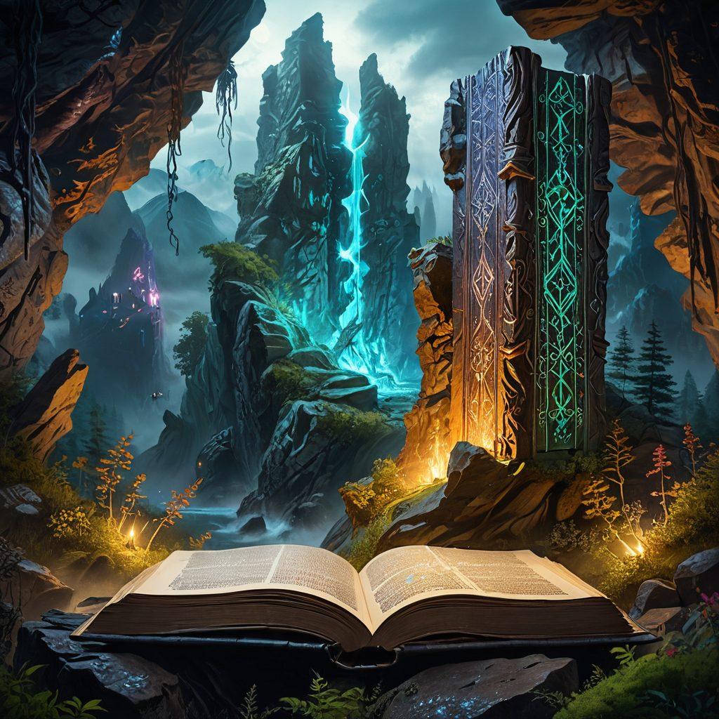 An open ancient tome with ornate designs, glowing runes floating above its pages, a mystical landscape with towering cliffs and vast forests emerging from the book, intricate characters in mid-battle at the forefront, shaded in an ethereal light. painting. vibrant colors. fantastical elements.